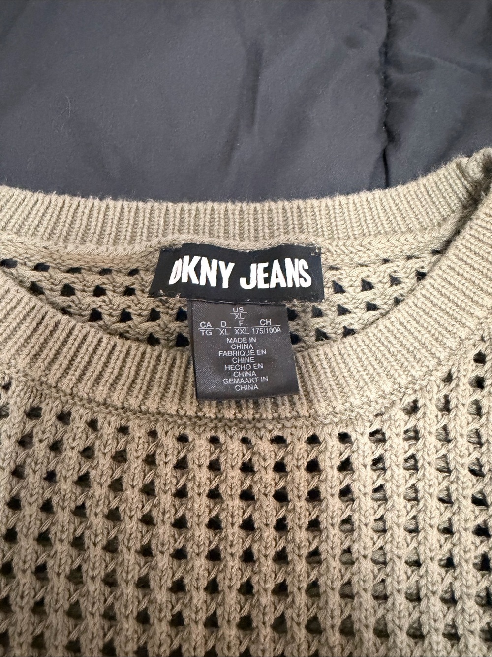 DKNY Olive Green Open-Knit Crewneck Sweater